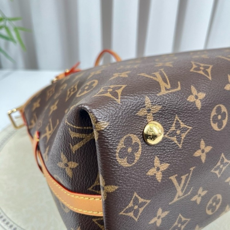 sz yff LV路易威登 25年8月票 芯片款 Carryall PM小號子母包 經典老花滿印購物袋 塗層帆布拼牛皮飾邊 手提單肩包托特包 女款 棕色-12