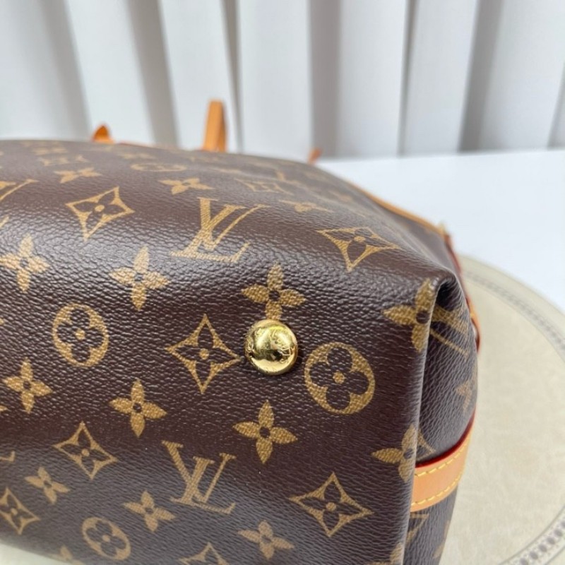 sz yff LV路易威登 25年8月票 芯片款 Carryall PM小號子母包 經典老花滿印購物袋 塗層帆布拼牛皮飾邊 手提單肩包托特包 女款 棕色-14
