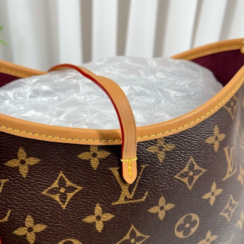 sz yff LV路易威登 25年8月票 芯片款 Carryall PM小號子母包 經典老花滿印購物袋 塗層帆布拼牛皮飾邊 手提單肩包托特包 女款 棕色-17