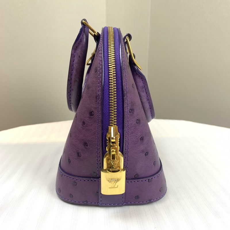 路易威登/Louis Vuitton Alma BB 金扣紫色鴕鳥皮貝殼包 珍藏稀有皮 配件：長肩帶，鎖頭，鑰匙 23.5x11.5x17.5cm-4