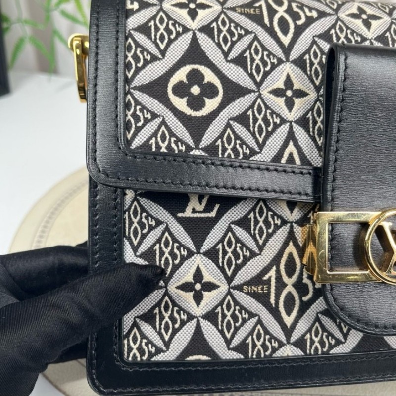 LV路易威登 DAUPHINE 黑色拼白色 1854老花 帆布拼牛皮達芙妮 容量適中 時尚高級-15