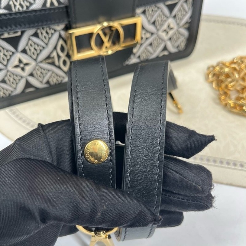 LV路易威登 DAUPHINE 黑色拼白色 1854老花 帆布拼牛皮達芙妮 容量適中 時尚高級-17