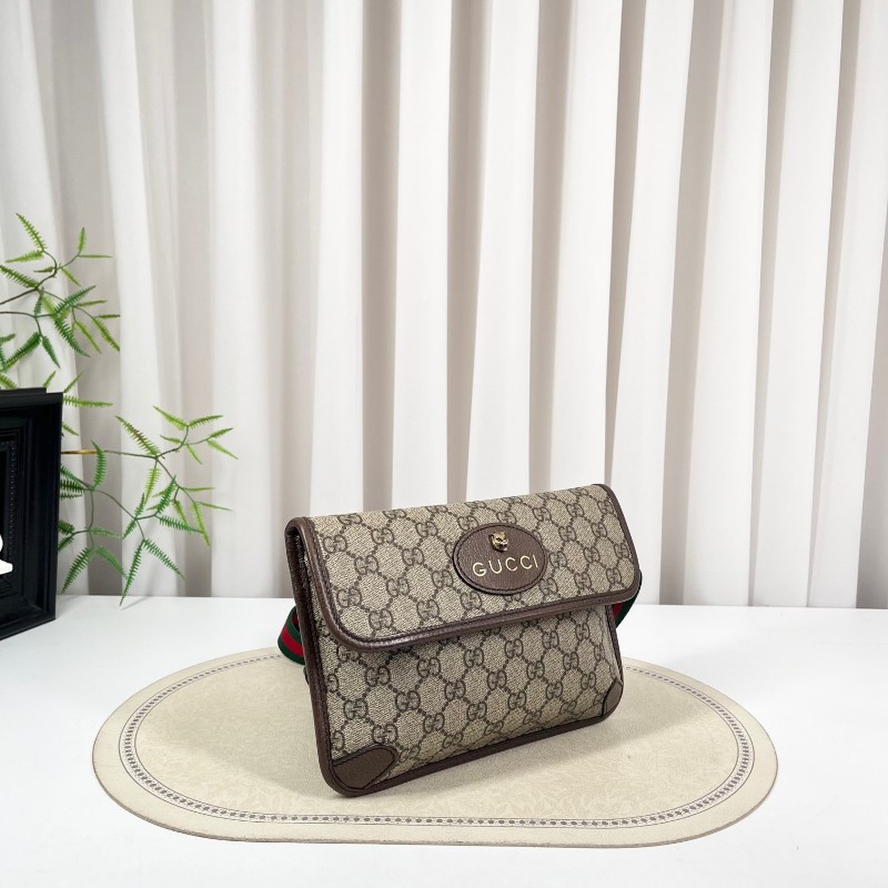 GUCCI古馳 Neo Vintage系列 燙金徽標老花滿印虎頭裝飾條紋肩帶 帆布拼皮 郵差包 腰包斜挎包 小號 烏木色/棕色-1