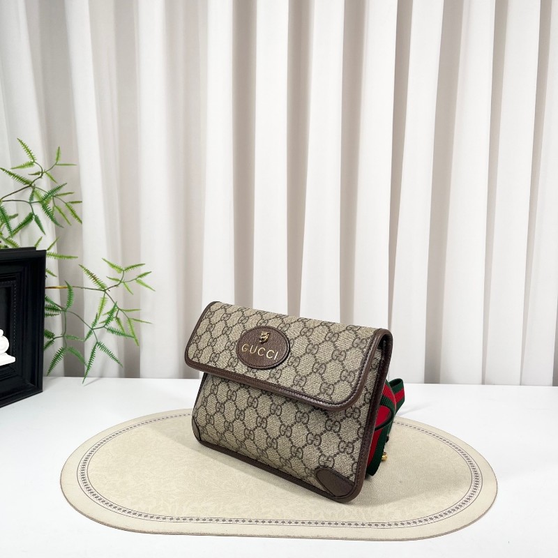 GUCCI古馳 Neo Vintage系列 燙金徽標老花滿印虎頭裝飾條紋肩帶 帆布拼皮 郵差包 腰包斜挎包 小號 烏木色/棕色-2