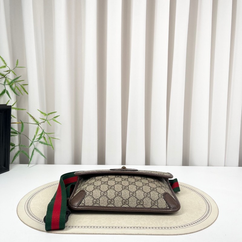 GUCCI古馳 Neo Vintage系列 燙金徽標老花滿印虎頭裝飾條紋肩帶 帆布拼皮 郵差包 腰包斜挎包 小號 烏木色/棕色-4