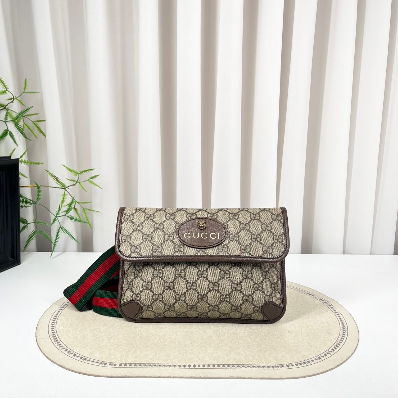 GUCCI古馳 Neo Vintage系列 燙金徽標老花滿印虎頭裝飾條紋肩帶 帆布拼皮 郵差包 腰包斜挎包 小號 烏木色/棕色-5