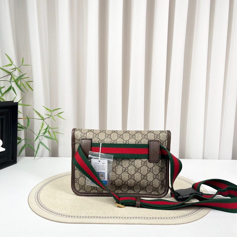 GUCCI古馳 Neo Vintage系列 燙金徽標老花滿印虎頭裝飾條紋肩帶 帆布拼皮 郵差包 腰包斜挎包 小號 烏木色/棕色-6