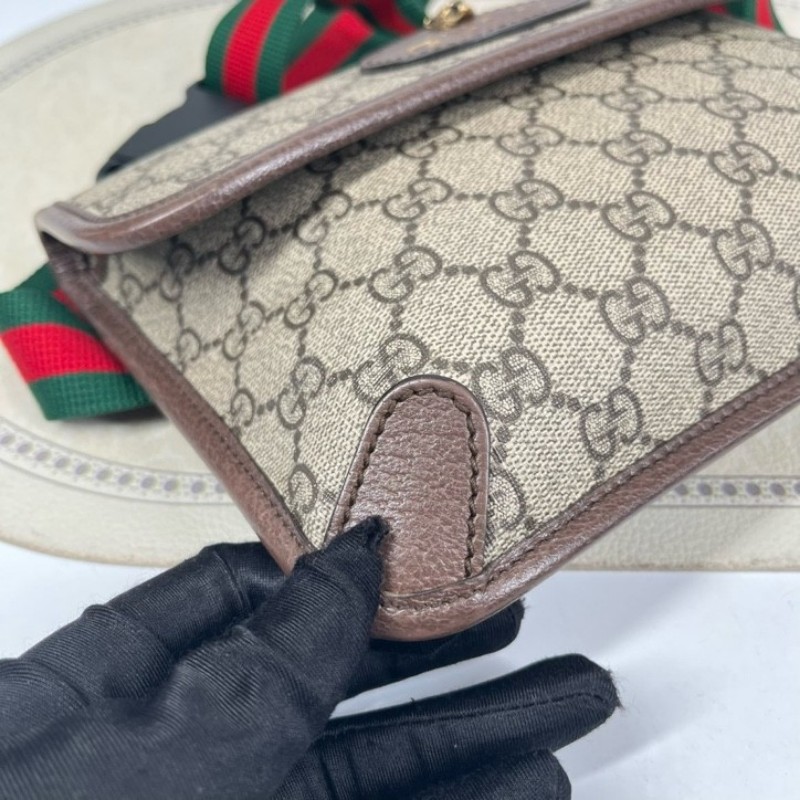 GUCCI古馳 Neo Vintage系列 燙金徽標老花滿印虎頭裝飾條紋肩帶 帆布拼皮 郵差包 腰包斜挎包 小號 烏木色/棕色-7