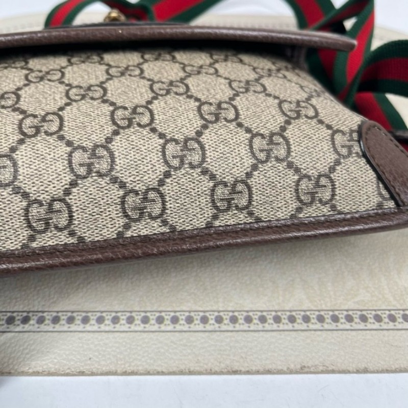 GUCCI古馳 Neo Vintage系列 燙金徽標老花滿印虎頭裝飾條紋肩帶 帆布拼皮 郵差包 腰包斜挎包 小號 烏木色/棕色-8