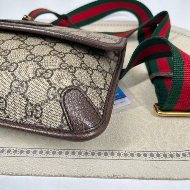 GUCCI古馳 Neo Vintage系列 燙金徽標老花滿印虎頭裝飾條紋肩帶 帆布拼皮 郵差包 腰包斜挎包 小號 烏木色/棕色-9