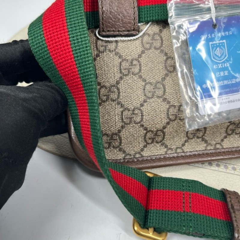 GUCCI古馳 Neo Vintage系列 燙金徽標老花滿印虎頭裝飾條紋肩帶 帆布拼皮 郵差包 腰包斜挎包 小號 烏木色/棕色-13