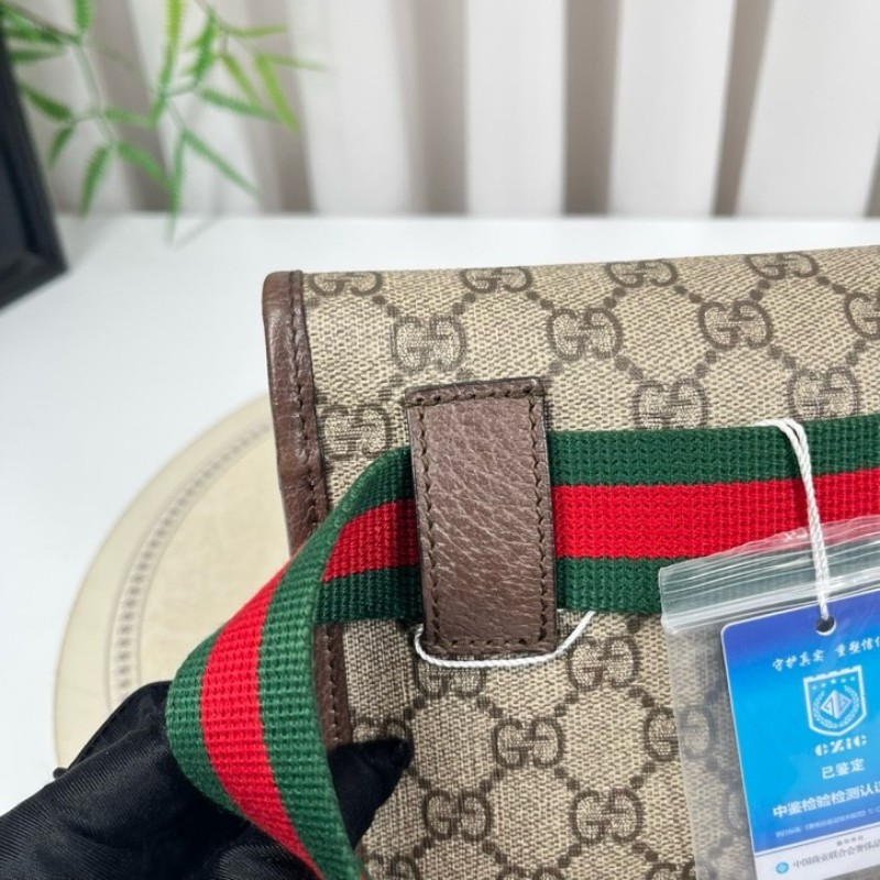 GUCCI古馳 Neo Vintage系列 燙金徽標老花滿印虎頭裝飾條紋肩帶 帆布拼皮 郵差包 腰包斜挎包 小號 烏木色/棕色-14
