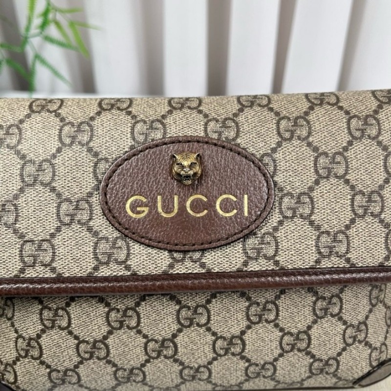 GUCCI古馳 Neo Vintage系列 燙金徽標老花滿印虎頭裝飾條紋肩帶 帆布拼皮 郵差包 腰包斜挎包 小號 烏木色/棕色-16