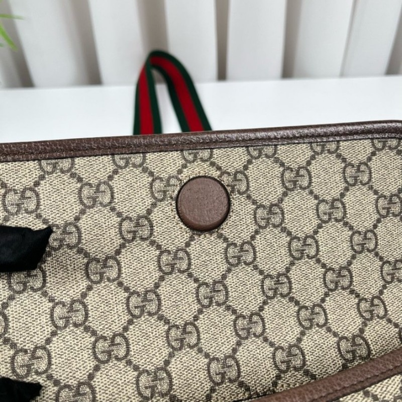 GUCCI古馳 Neo Vintage系列 燙金徽標老花滿印虎頭裝飾條紋肩帶 帆布拼皮 郵差包 腰包斜挎包 小號 烏木色/棕色-18