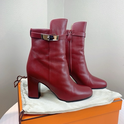 Hermes/愛馬仕 女士酒紅色Kelly全皮高跟靴子短靴 配件：盒子，塵袋 37碼