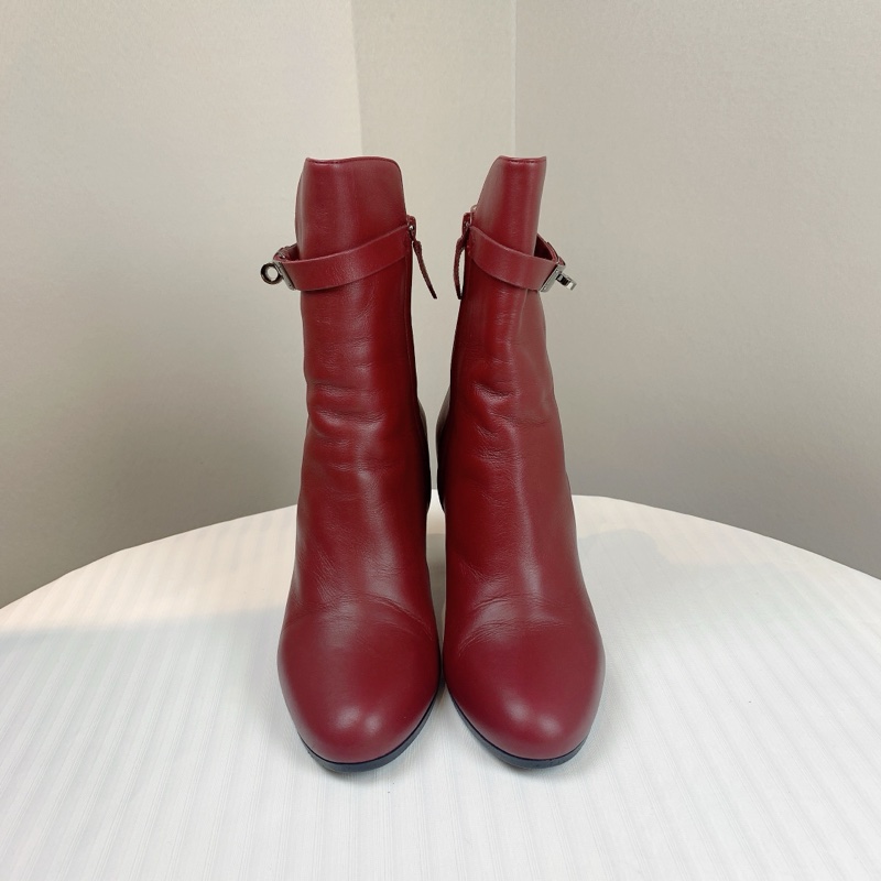 Hermes/愛馬仕 女士酒紅色Kelly全皮高跟靴子短靴 配件:盒子,塵袋 37碼-1