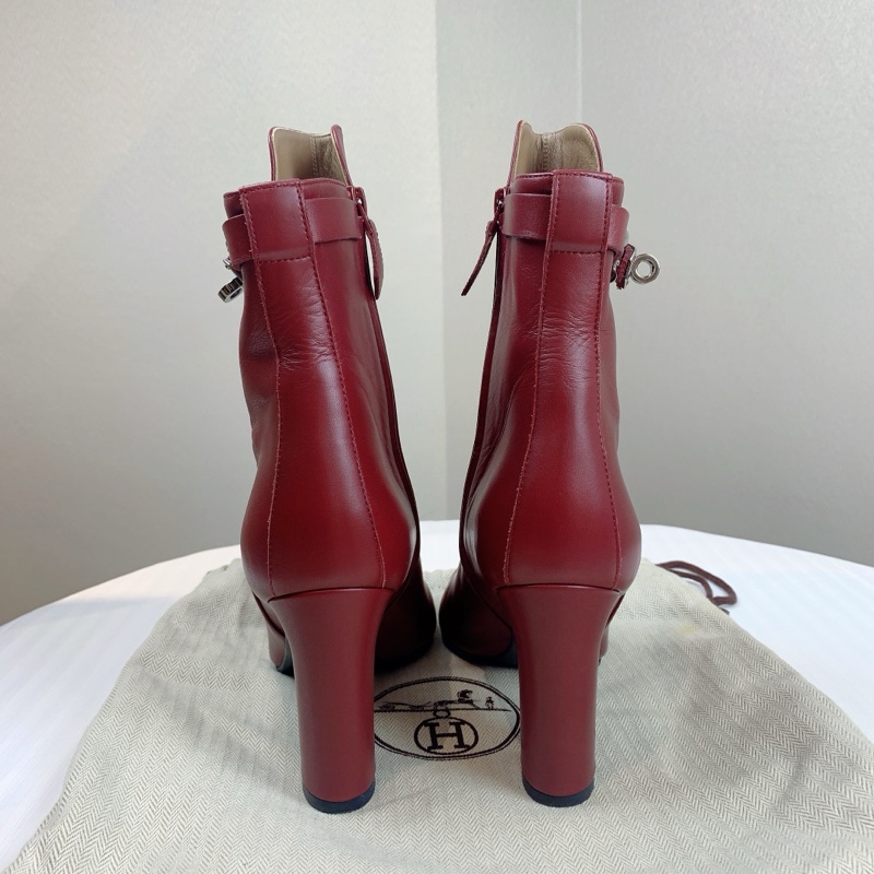 Hermes/愛馬仕 女士酒紅色Kelly全皮高跟靴子短靴 配件:盒子,塵袋 37碼-2