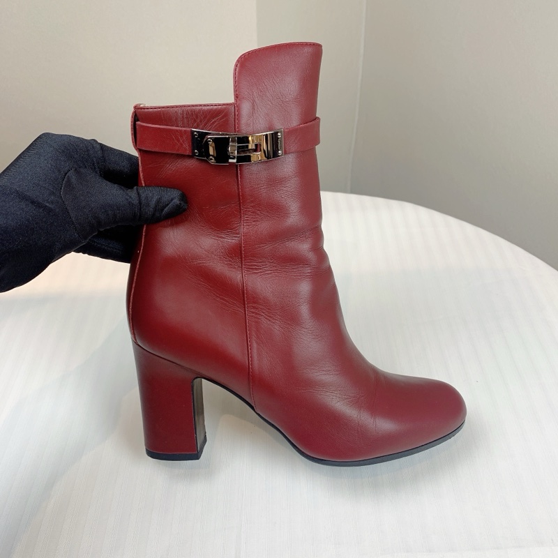 Hermes/愛馬仕 女士酒紅色Kelly全皮高跟靴子短靴 配件:盒子,塵袋 37碼-3