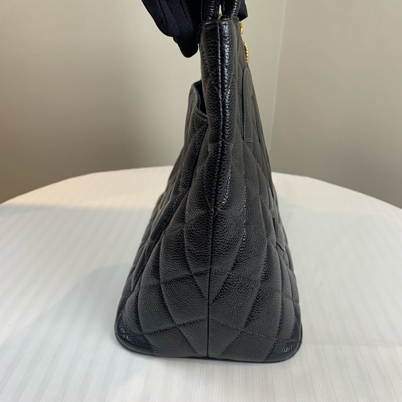 香奈兒/Chanel Hilton 金扣黑色希爾頓單肩托特包 經典菱格紋荔枝皮30x15x24cm-2