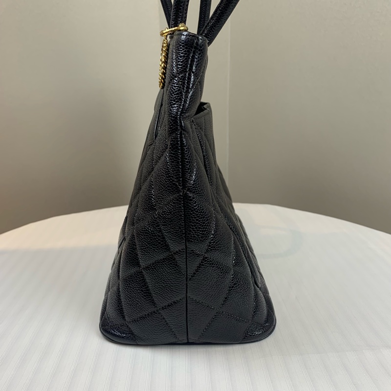 香奈兒/Chanel Hilton 金扣黑色希爾頓單肩托特包 經典菱格紋荔枝皮30x15x24cm-3