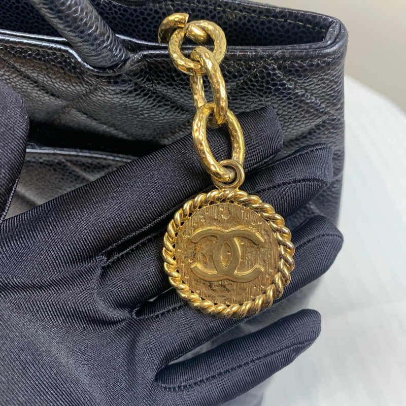 香奈兒/Chanel Hilton 金扣黑色希爾頓單肩托特包 經典菱格紋荔枝皮30x15x24cm-7