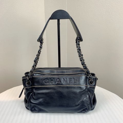 香奈兒/Chanel 中古銀扣黑色羊皮手風琴包 帥氣十足的機車包30x17x13cm