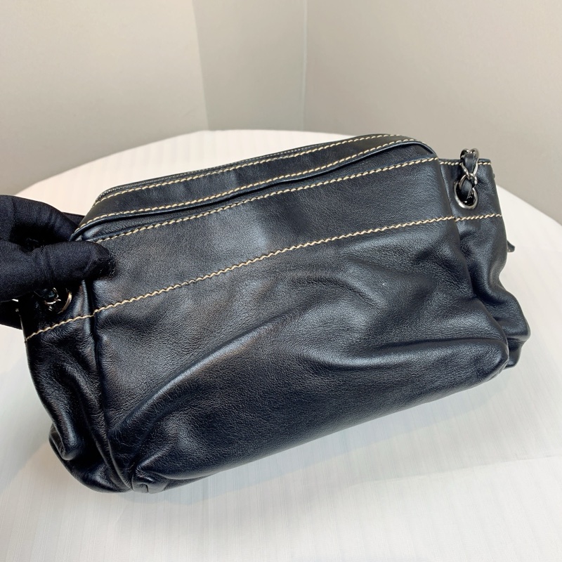 香奈兒/Chanel 中古銀扣黑色羊皮手風琴包 帥氣十足的機車包30x17x13cm-1