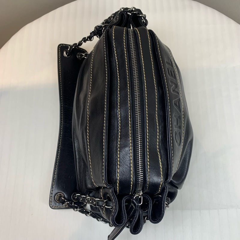 香奈兒/Chanel 中古銀扣黑色羊皮手風琴包 帥氣十足的機車包30x17x13cm-3