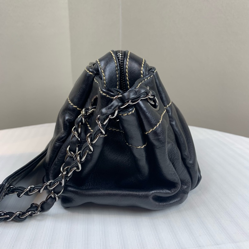 香奈兒/Chanel 中古銀扣黑色羊皮手風琴包 帥氣十足的機車包30x17x13cm-5