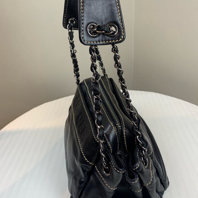 香奈兒/Chanel 中古銀扣黑色羊皮手風琴包 帥氣十足的機車包30x17x13cm-6