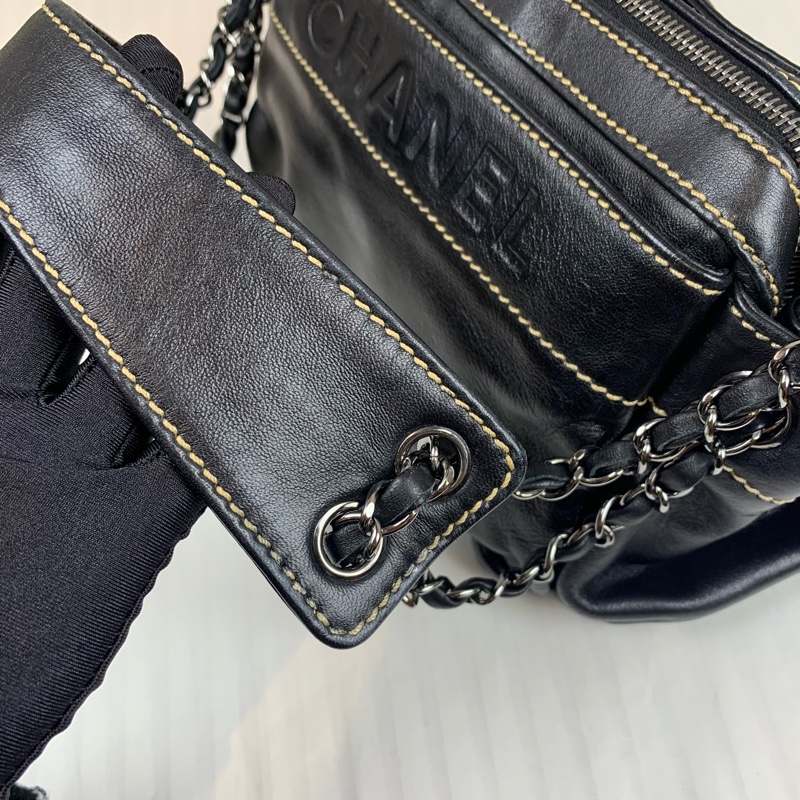 香奈兒/Chanel 中古銀扣黑色羊皮手風琴包 帥氣十足的機車包30x17x13cm-7