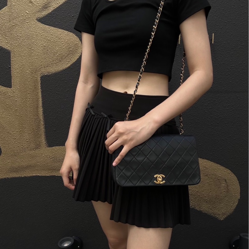 「JL精品代購」 9新 Chanel 香奈兒 黑金翻蓋羊皮鏈條單肩包-1