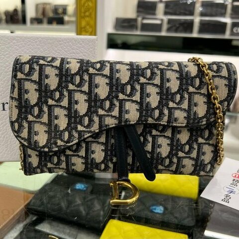 東區正精品㊣DIOR WOC 藍色老花帆布金釦金鍊釦式翻蓋馬鞍斜背包手拿包發財包小款 RZ6318