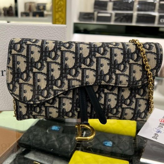 東區正精品㊣DIOR WOC 藍色老花帆布金釦金鍊釦式翻蓋馬鞍斜背包手拿包發財包小款 RZ6318-0