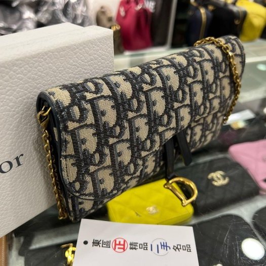 東區正精品㊣DIOR WOC 藍色老花帆布金釦金鍊釦式翻蓋馬鞍斜背包手拿包發財包小款 RZ6318-2