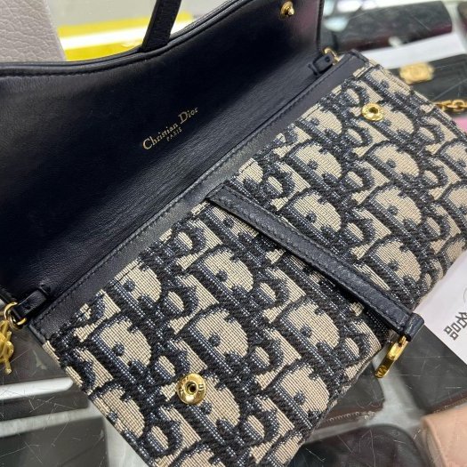 東區正精品㊣DIOR WOC 藍色老花帆布金釦金鍊釦式翻蓋馬鞍斜背包手拿包發財包小款 RZ6318-4