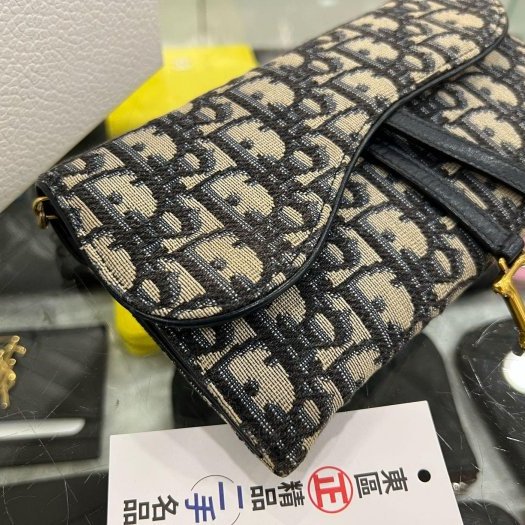 東區正精品㊣DIOR WOC 藍色老花帆布金釦金鍊釦式翻蓋馬鞍斜背包手拿包發財包小款 RZ6318-3