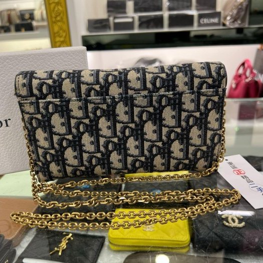東區正精品㊣DIOR WOC 藍色老花帆布金釦金鍊釦式翻蓋馬鞍斜背包手拿包發財包小款 RZ6318-7