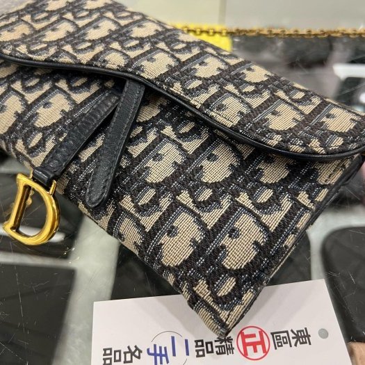 東區正精品㊣DIOR WOC 藍色老花帆布金釦金鍊釦式翻蓋馬鞍斜背包手拿包發財包小款 RZ6318-9