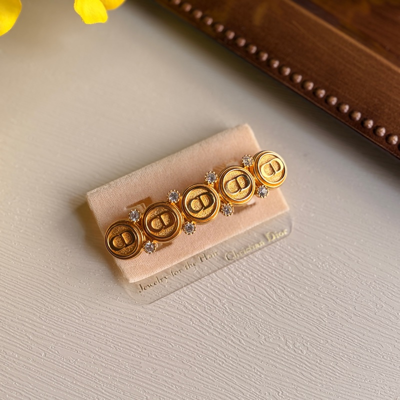 未使用品 迪奧Christian Dior CD logo 水鑽鍍金髮夾 法國製-0
