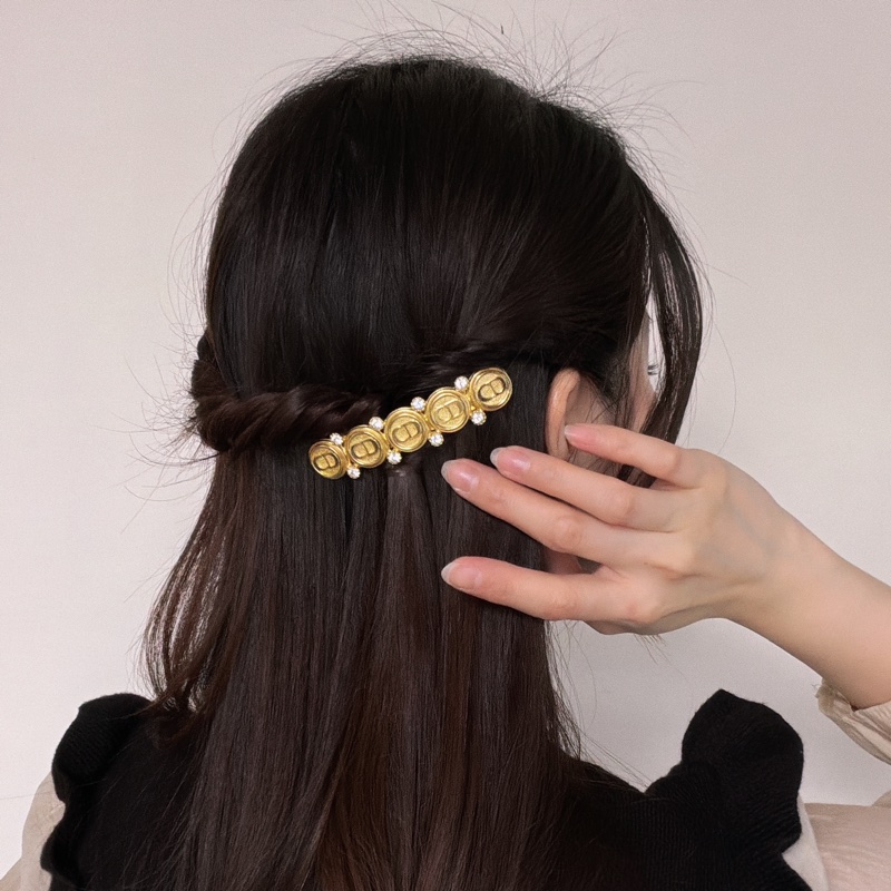 未使用品 迪奧Christian Dior CD logo 水鑽鍍金髮夾 法國製-2