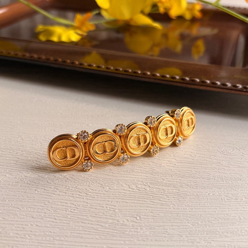 未使用品 迪奧Christian Dior CD logo 水鑽鍍金髮夾 法國製-3