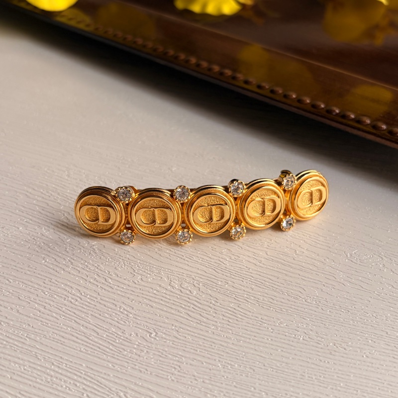 未使用品 迪奧Christian Dior CD logo 水鑽鍍金髮夾 法國製-4
