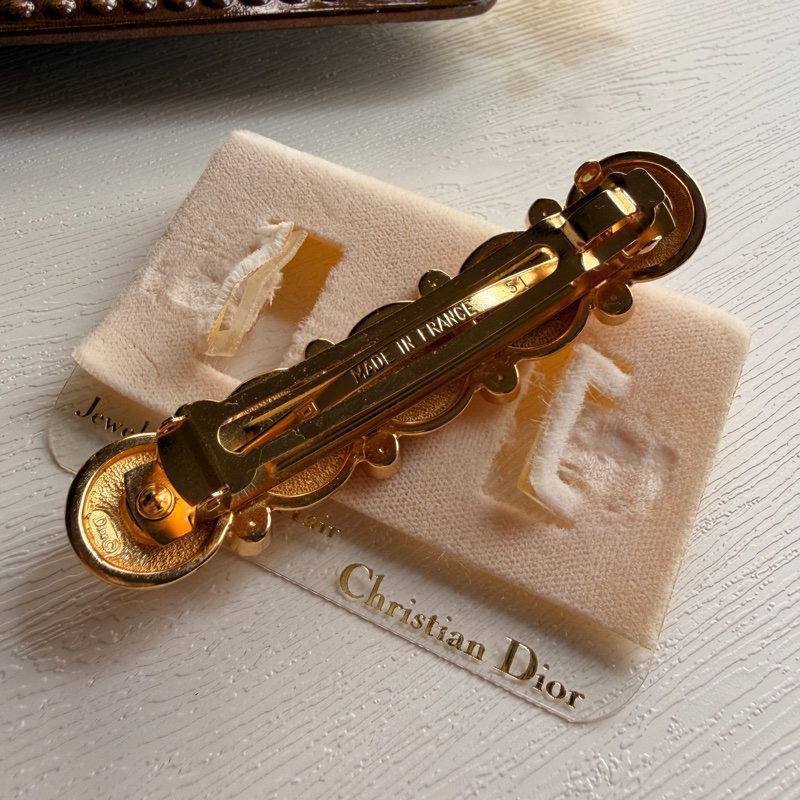 未使用品 迪奧Christian Dior CD logo 水鑽鍍金髮夾 法國製-8