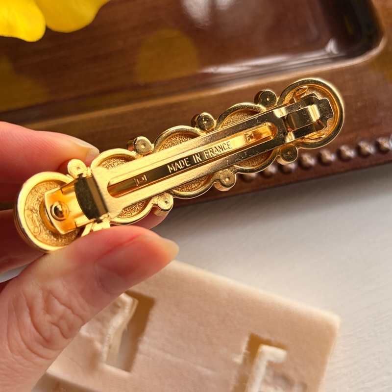 未使用品 迪奧Christian Dior CD logo 水鑽鍍金髮夾 法國製-9