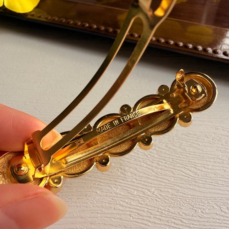 未使用品 迪奧Christian Dior CD logo 水鑽鍍金髮夾 法國製-11