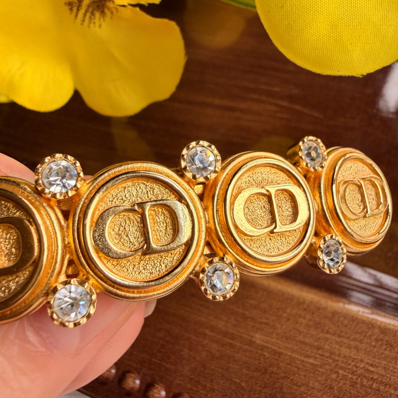 未使用品 迪奧Christian Dior CD logo 水鑽鍍金髮夾 法國製-14