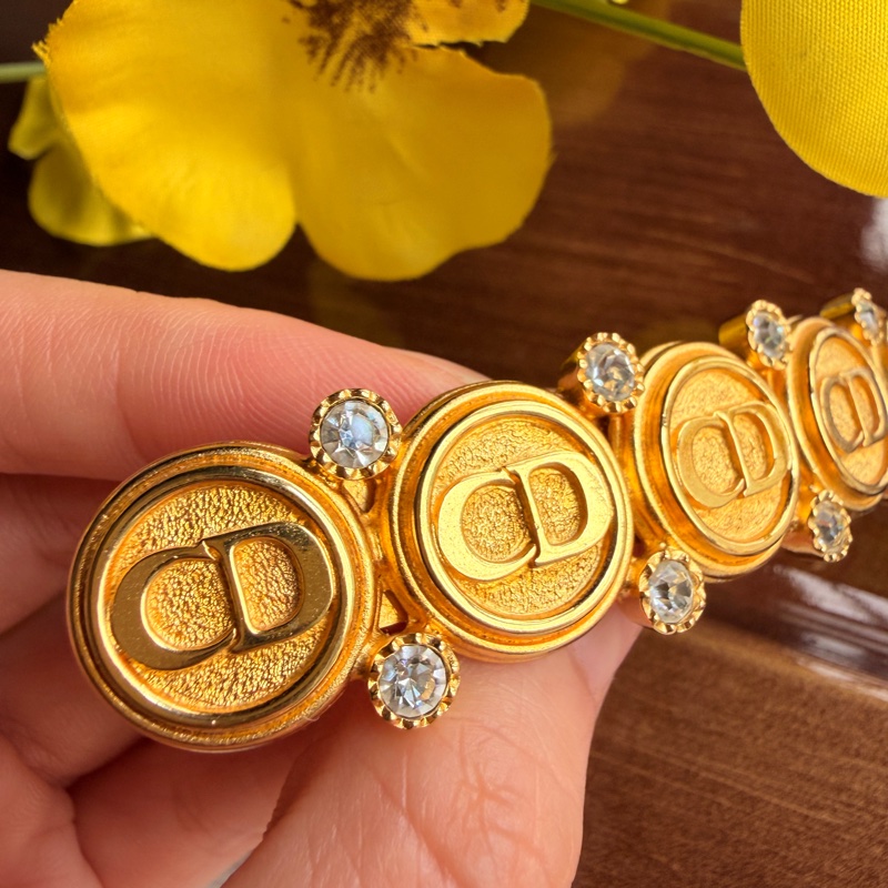 未使用品 迪奧Christian Dior CD logo 水鑽鍍金髮夾 法國製-15
