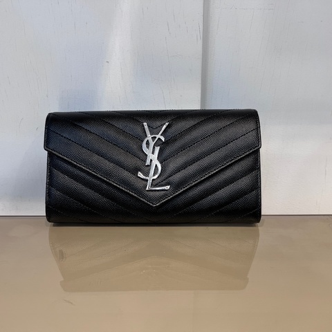 YSL荔枝牛皮山型紋銀釦信封下蓋12卡長夾