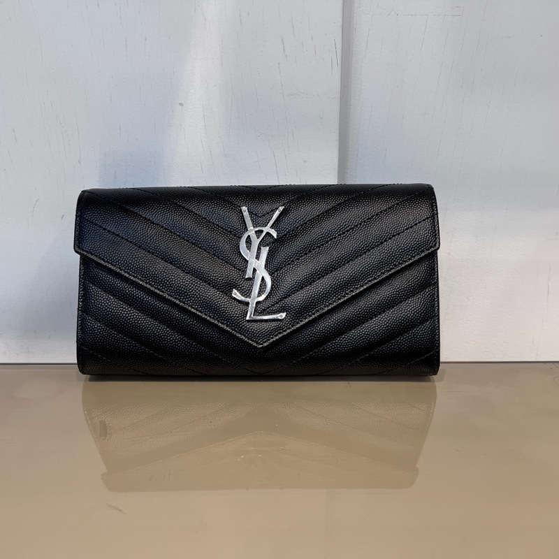 YSL荔枝牛皮山型紋銀釦信封下蓋12卡長夾-0